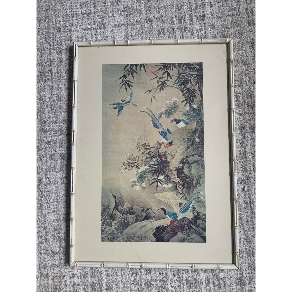 Vintage Chinoiserie Bird Bamboo Print White Faux Bamboo Frame Hollywood Regency - Picture 9 of 12